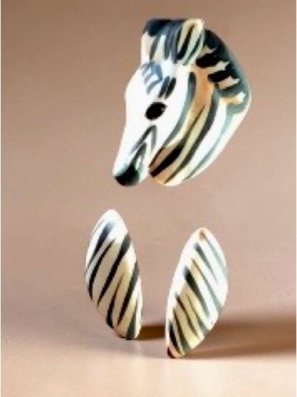 Carol Halmy Signed Porcelain Bisque Zebra Brooch & Earrings Vintage Set